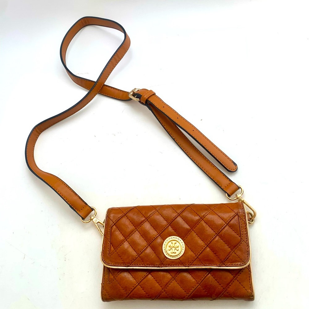 Tory Burch Brown Quilted Leather Shoulder Strap Cross Body Tri Fold Mini Wallet